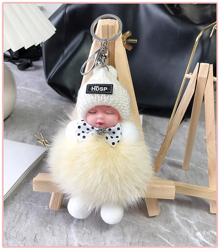 Hot Selling Kawaii Sleeping Baby Doll Keychain Plush Doll Rabbit Fur Keychain Handbag Pendant Christmas Gifts Plush Keychain