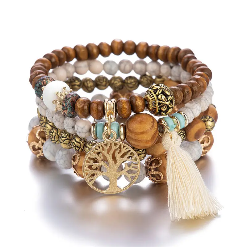 Bohemian Style multi-layered wood beaded beaded bracelet Rose Stack Life Tree beaded pop bracelet