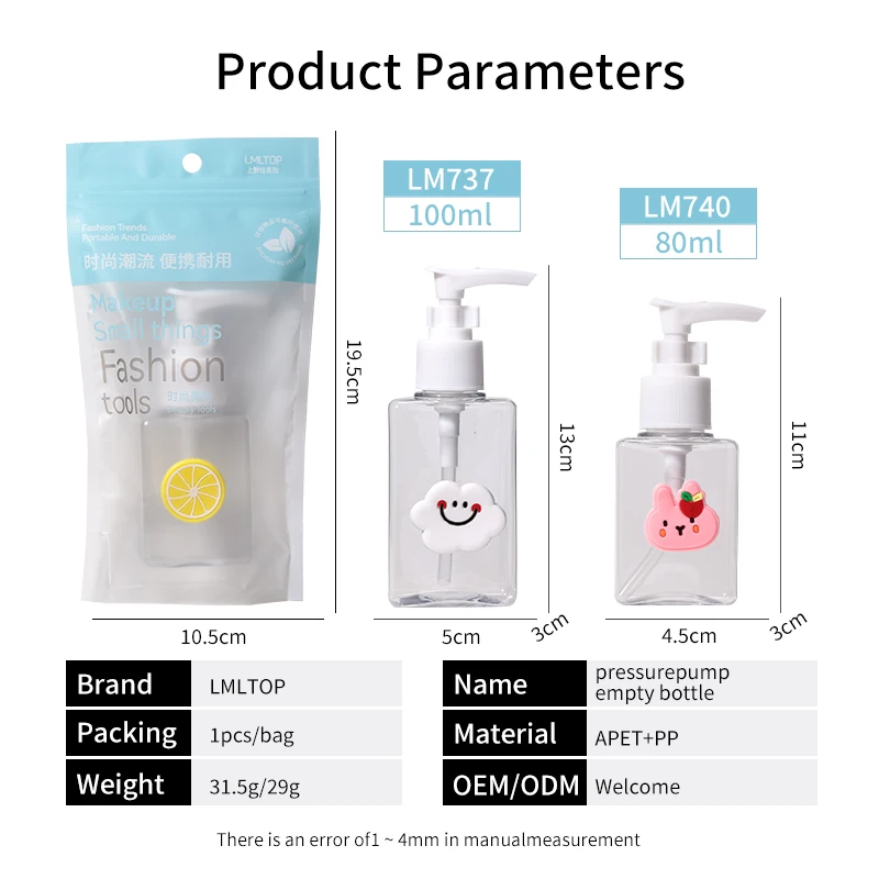 LMLTOP 80ml 100ml Empty Plastic Pump Bottle LM737 740 Carton Sticker Transparent Square Lotion Travel Liquid Dispenser Bottles