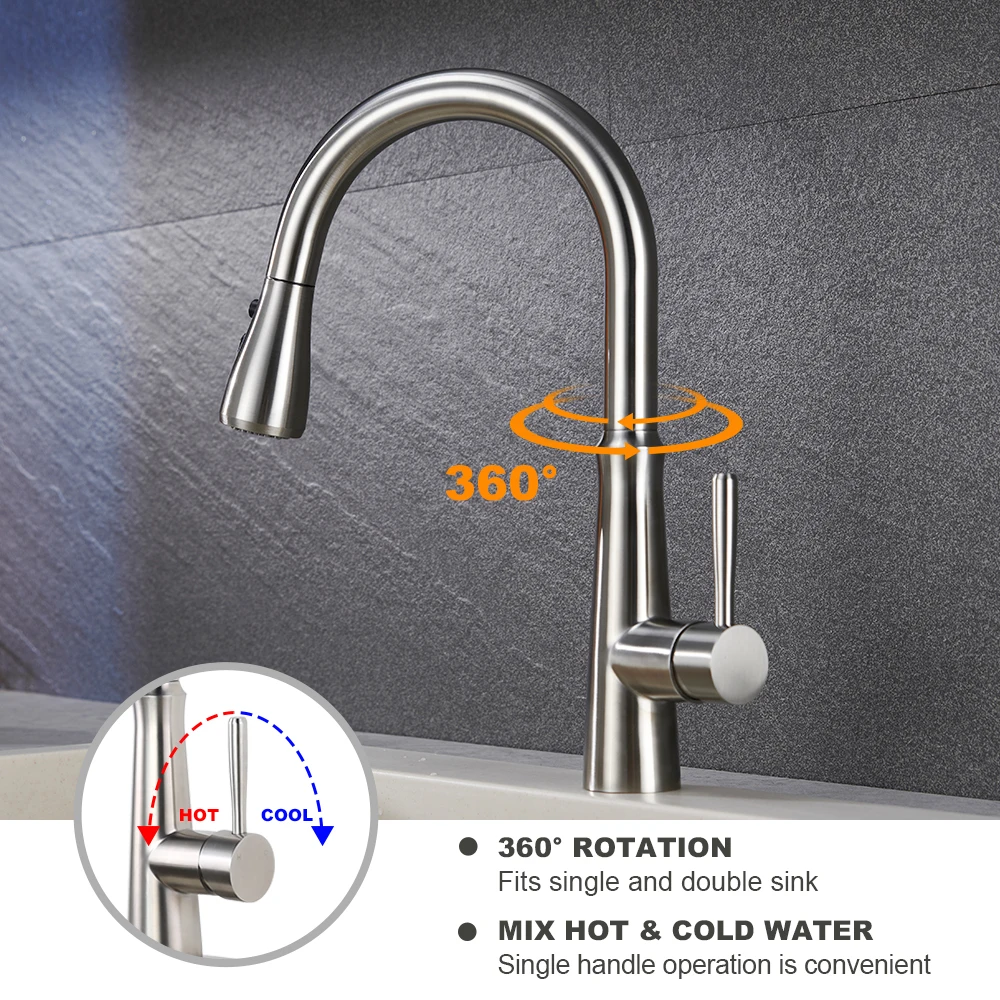 Modern Kitchen Faucet Long Goose Neck Ceramic Cartridge Stainless Steel Kitchen Tap Pull Down Kitchen Sink Faucet