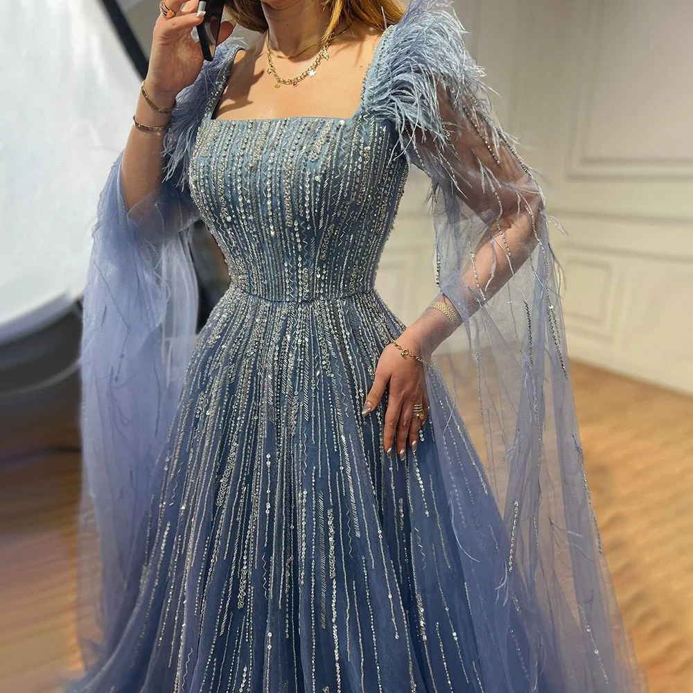 Blue A Line Cape Sleeves Feathers Beaded Dubai Evening Dresses Serene Hill LA72236 Wedding Party Gowns 2024 For Women