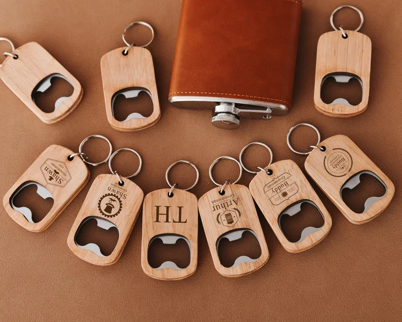 Custom Engraved Wood Keychain Bottle Opener Personalized Logo Keychain Gift