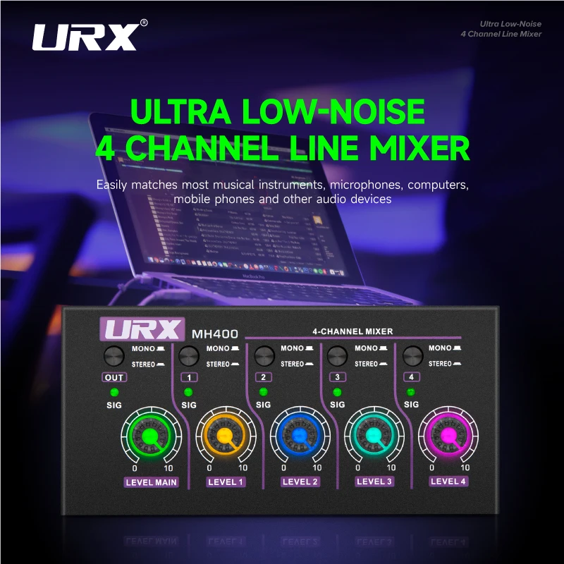 Юрх MH400 мини стерео Ультра низкий уровень шума 4 канальный линейный аудио смеситель для небольших клубов или бары микрофон бас и Гавайских гитар клавиатуры
