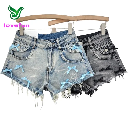 2024 Summer New Collection Leisure street clothing High Waist Fashion Hot Pants Vintage Bow Denim Shorts For Women