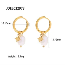 New Arrival Fashion Jewelry 18k Gold Plated Stainless Steel Freshwater Pearl Star Charm Dainty Pendant Hoop Earrings For Women
