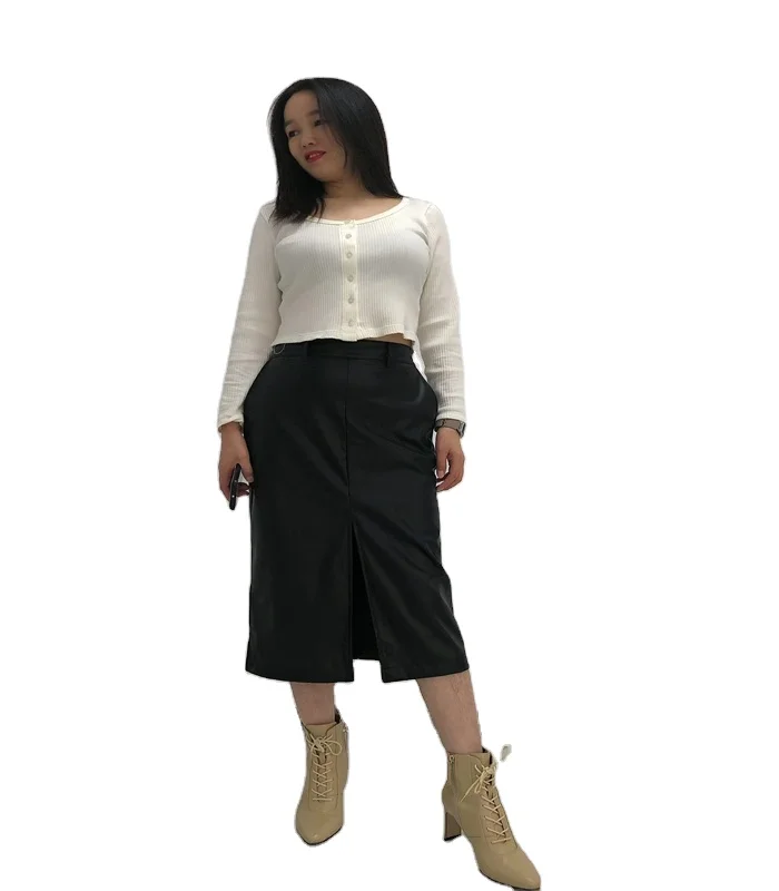 Factory AW 22 in stock goods Cut & sew PU leather skirt for women
