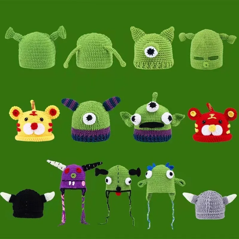Cartoon Funny wool knitting needles bonnets Cute Green Monster winter hat for woman and kids