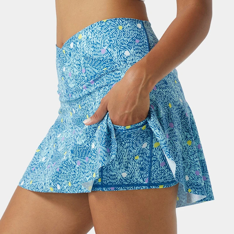 OEM New Design Wholesale Women Breathable Floral Printed Dress Everyday Crossover Side Pocket 2-in-1 Tennis Skirt-Lucid