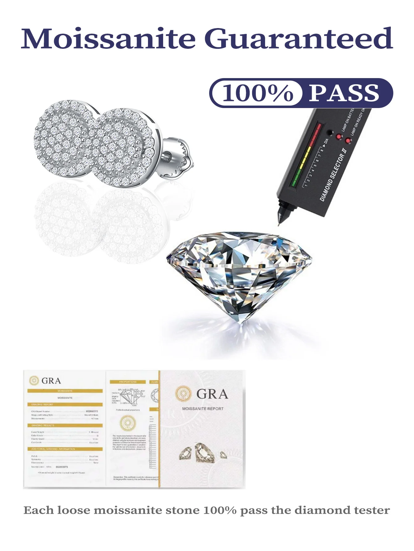 Round Brilliant Flower Iced Out GRA 1.0mm Moissanites Diamond 925 Silver Fine Jewelry Moissanite Stud Earrings for Woman