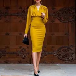 Autumn Long Sleeve Evening Dress Formal Elegant Yellow Cocktail Party OL Office Lady Dresses