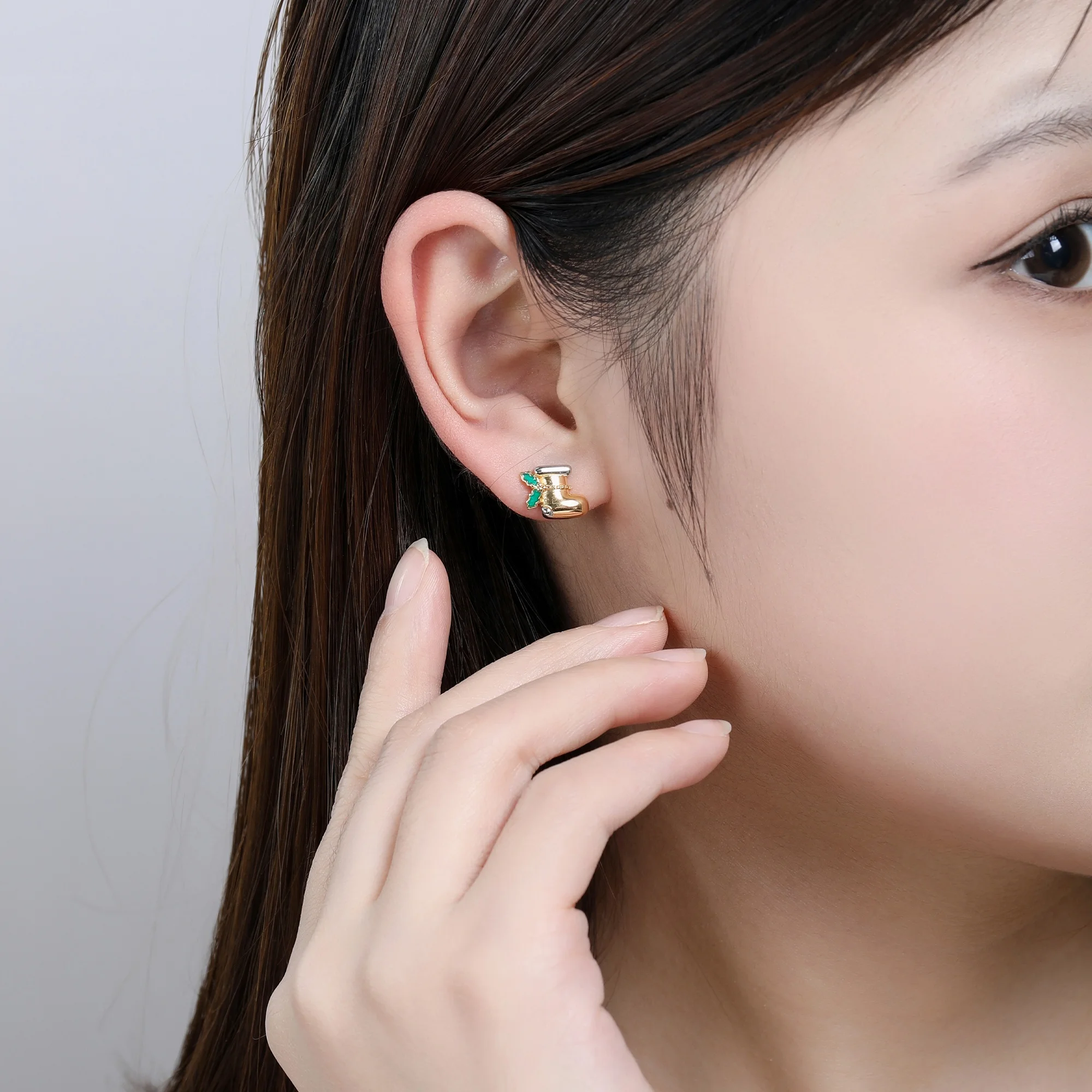 HAIKE Original 925 Sterling Silver Two Tone Plated Christmas Socks Stud Earrings Exquisite Small Jewelry Gift