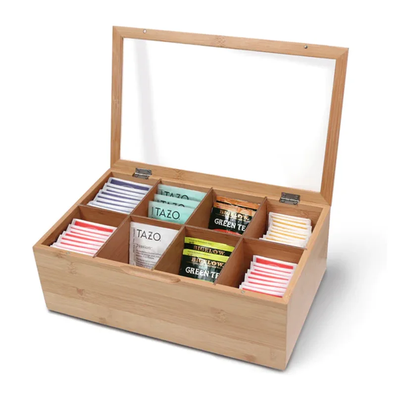 100% Natural Wooden Tea Box Storage Organizer Bamboo Tea Storage Box Bamboo Tea Bags Box With 8 Compartments 12 compartments