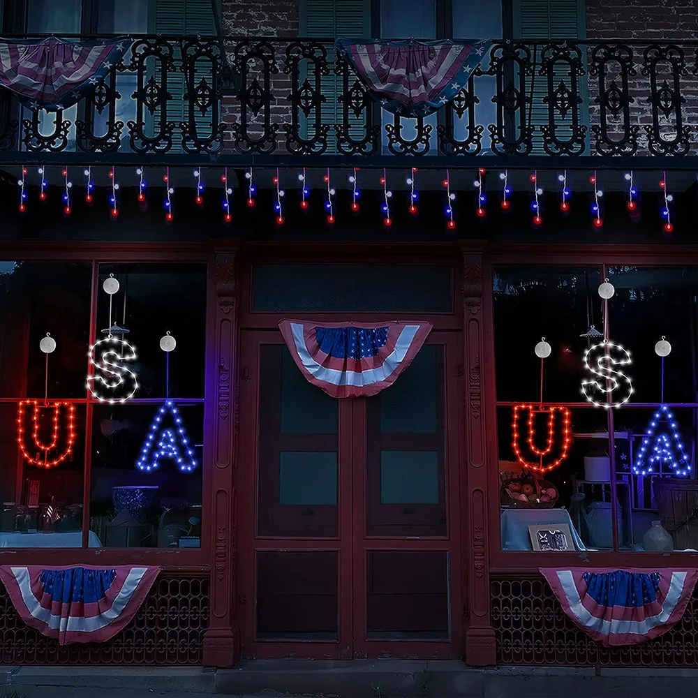 4th of July Window Lights Decorations Red White and Blue USA Memorial Day Patriotic Holiday Indoor Outdoor Decor