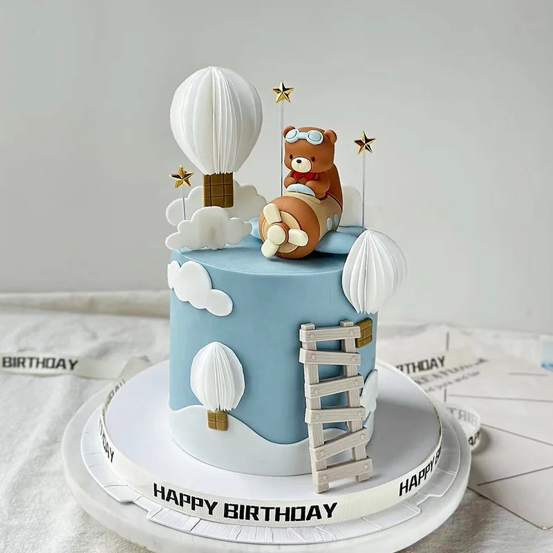 Cartoon Happy Birthday Cake Decorations For Boys Girls Cute Pilot Bear Soft Glue Doll Baby Shower Supplies
