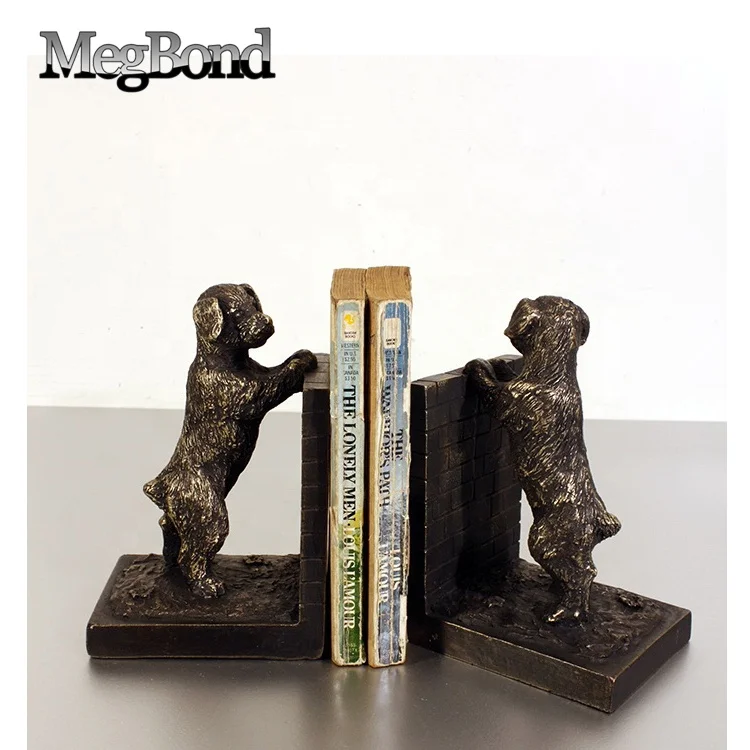Dark bronze polyresin puppy dog bookends for table top decoration