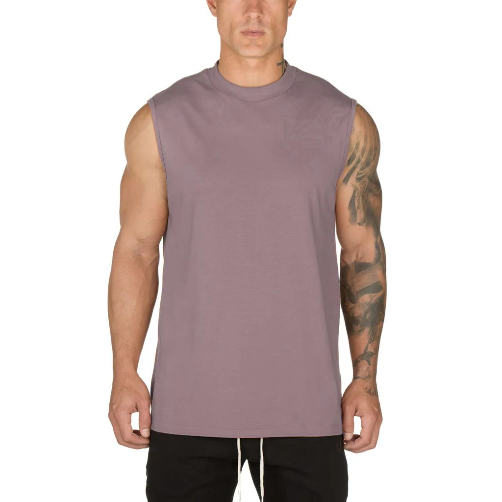 summer wholesale custom logo print fitness gym sporty man Sleeveless T Shirt tops 100% Cotton O-neck tank top for men