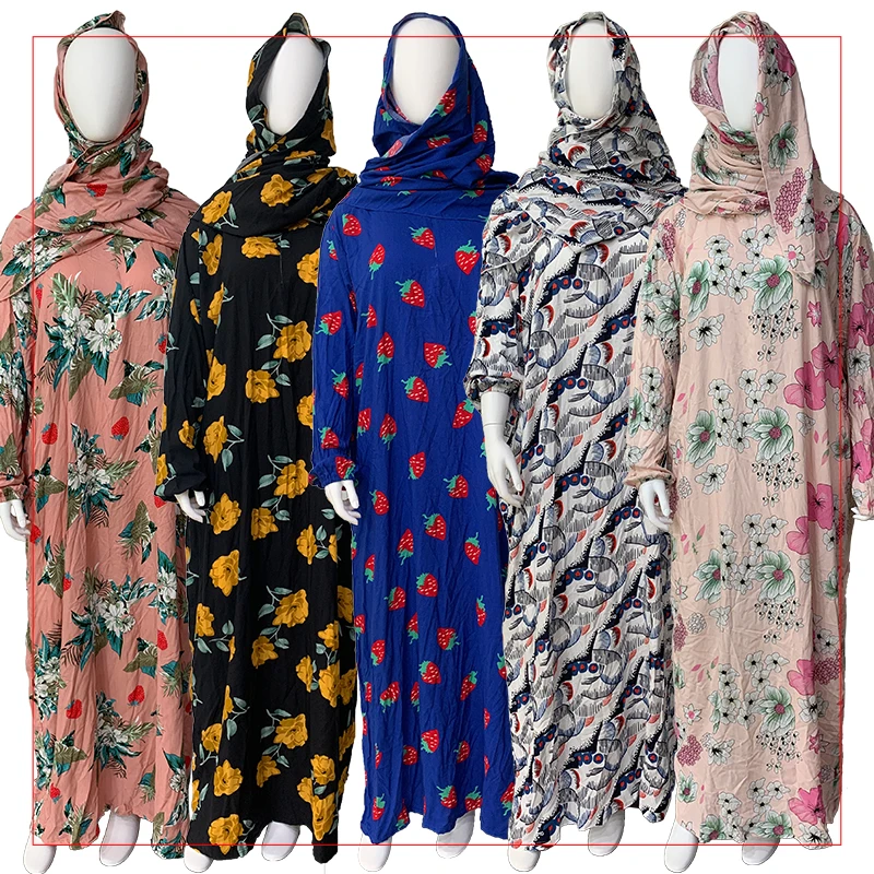 2022 New printed spun rayon long dress with long sleeve  prayer abaya prayer islamic gown kaftan muslim one piece  hijab