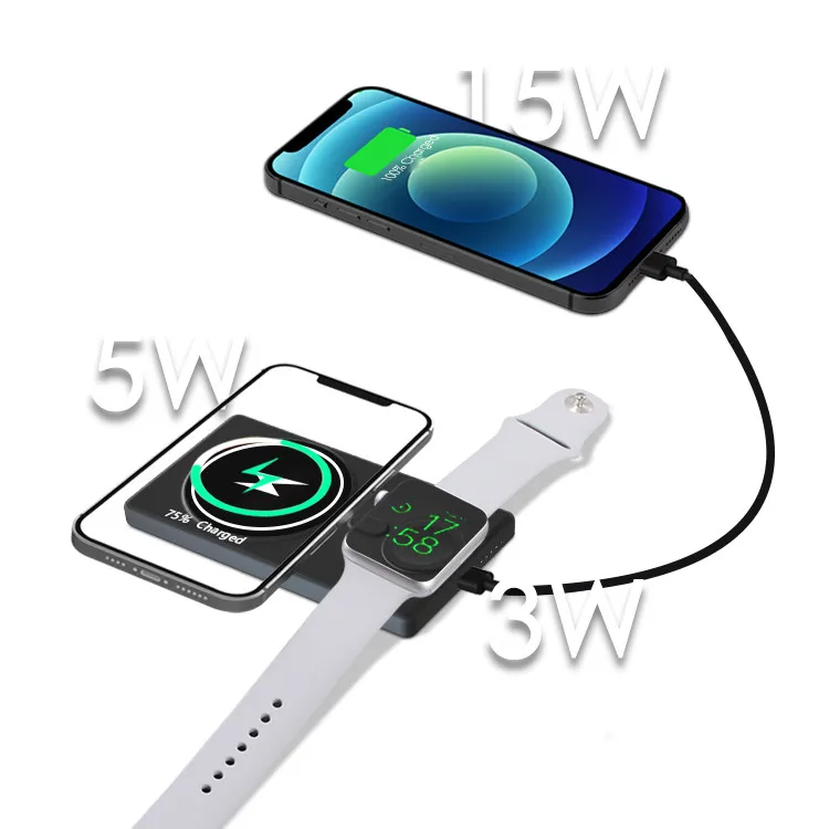 3 in 1 Magnetic Wireless Charging Pad Qi 5000mAh Ultra Slim Power Bank With Mag saf For iPhone 12 13 14