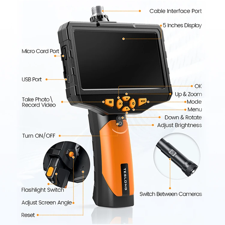 2022 New product pipe endoscope industrial borescope with 5 inch LCD screen 1080P HD 8mm video dual lens endoscope camera