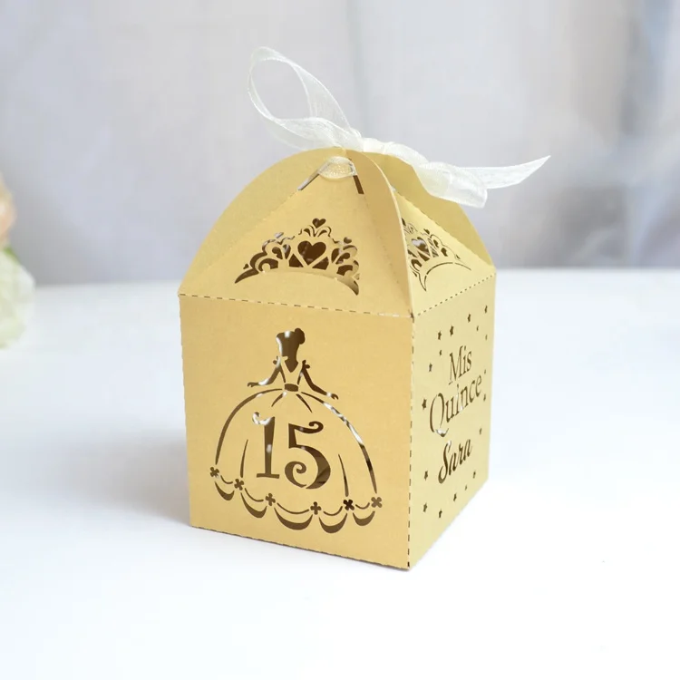 Custom name crown laser cut pink cinderella party favor boxes for sweet 15 decorations
