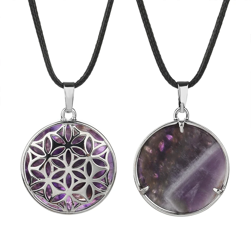 Wholesale Round Stone Openwork Alloy Flower Pendant Healing Crystals Pendants for Necklace Accessories