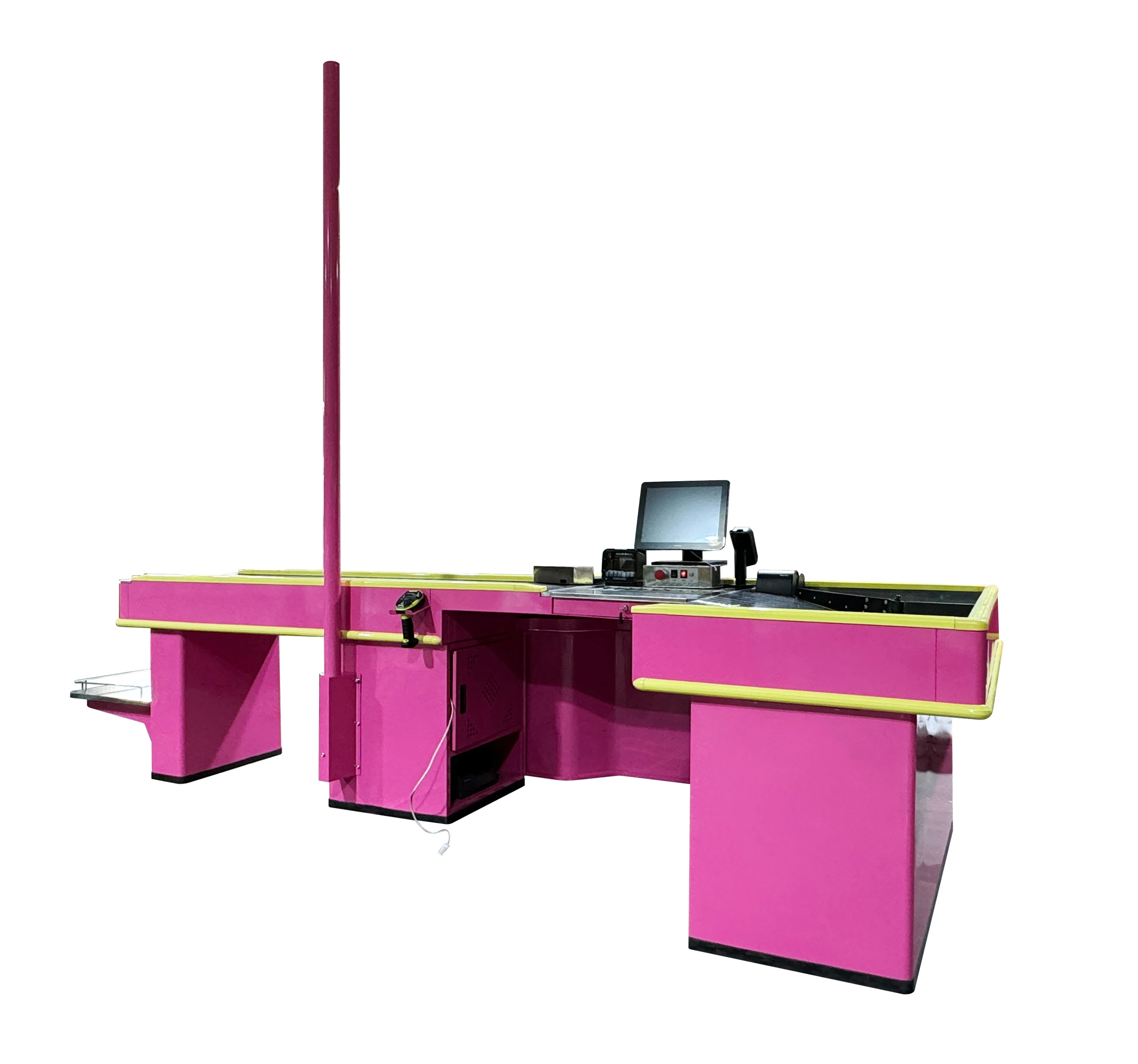 Hot Sell Supermarket Cashier Counter Pink Colour Retail Checkout Counter Store Cash Register Cashier Desk With Conveyor Belt
