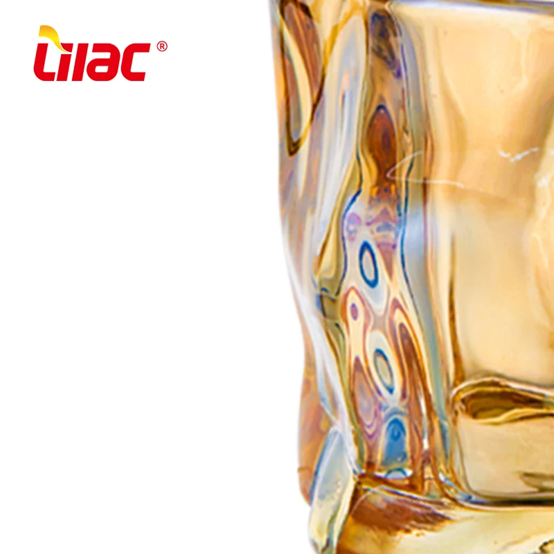 Lilac BSCI SGS LFGB 260ml spinning whiskey custom logo decoration glass colored crooked rock glass cup