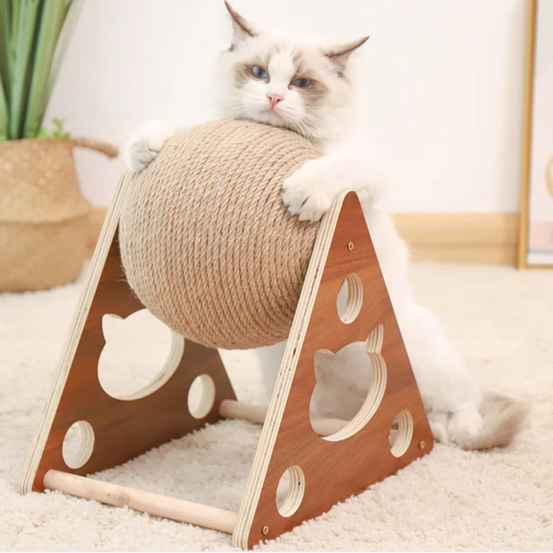 Popular pet cat toy solid wood cat scratching ball durable sisal rope ball climbing claw grinding toy cat dropshipping