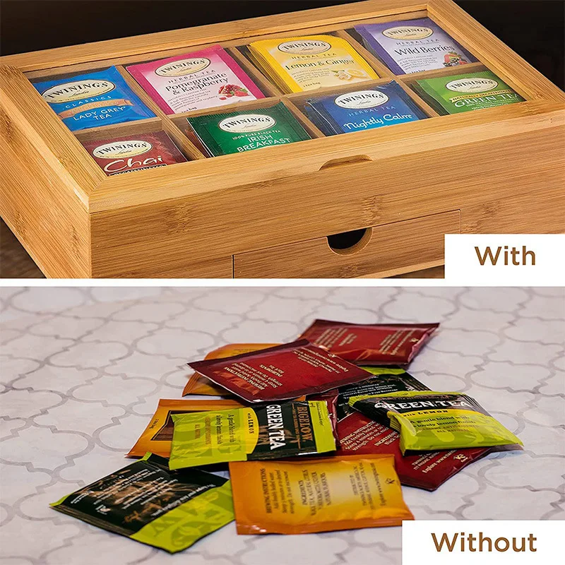 Christmas Gift Multi-functional 8 Slots Tea And Coffee Bag Storage Wooden Chest Bamboo Organizer Box For Countertop & Drawer