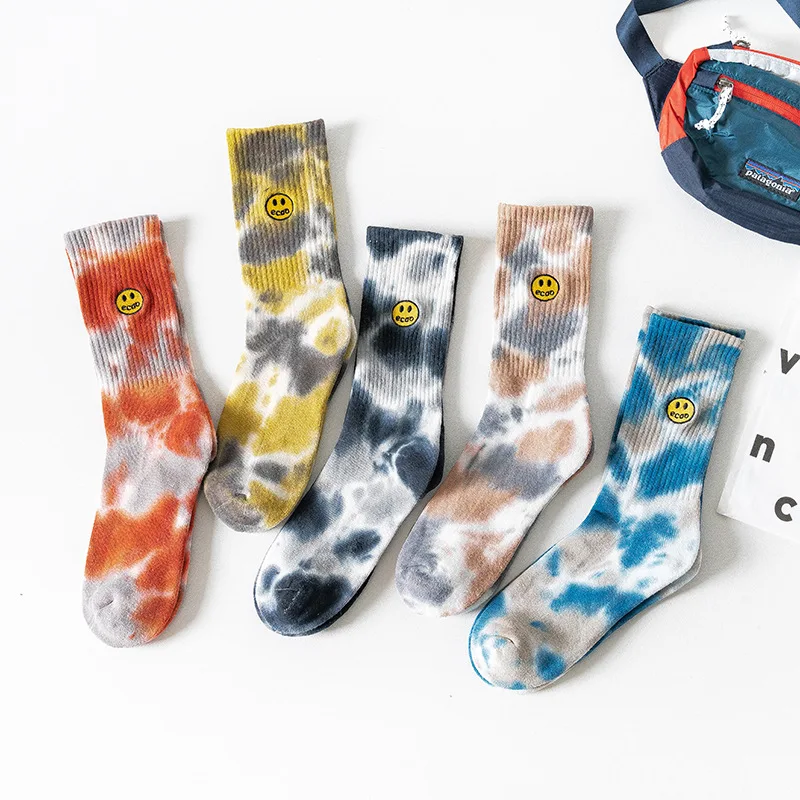 Fashion Brand Paint-splashing Nk Style Trendy Unisex Slouch Tie Dye Sox Happy Face Custom Embroidered Mid-length Tye Dye Socks