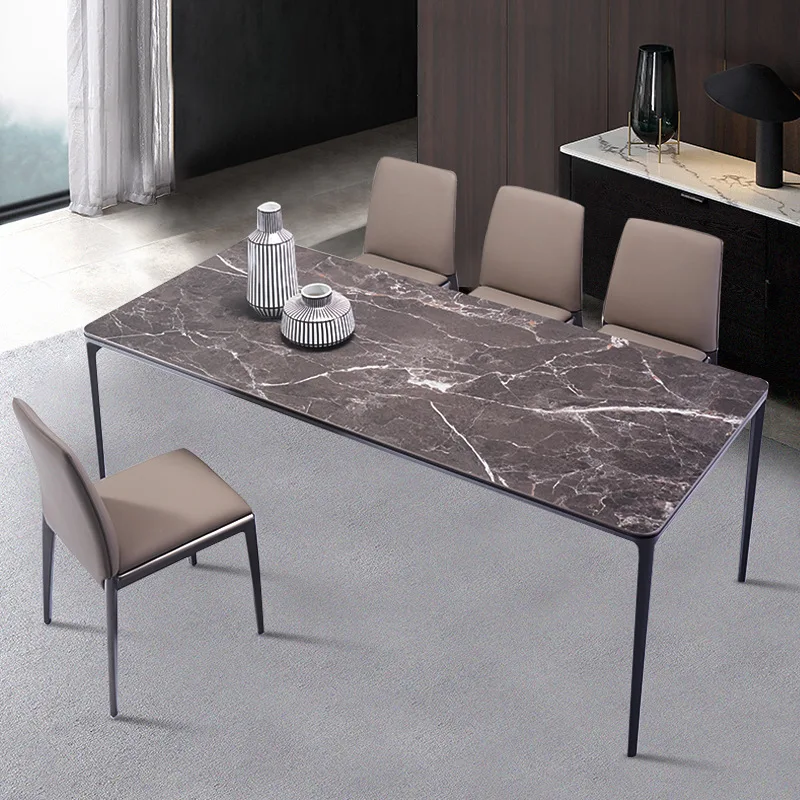 Rock Plate Dining Table Bright Round Corner Rectangular Small House Extremely Simple Aluminum Alloy Dinning Table And Chair Set