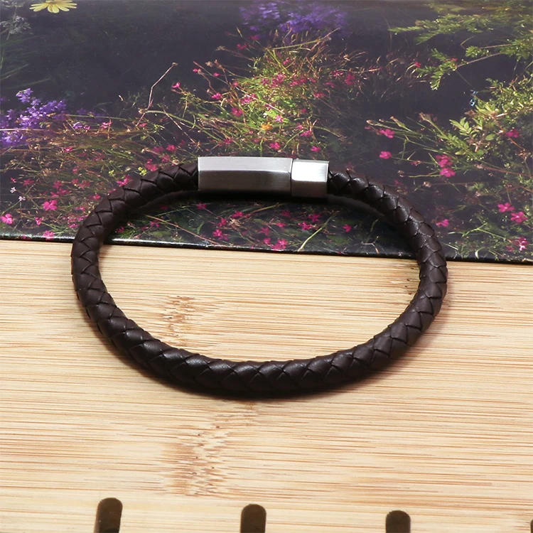 cheap price leather bracelet 6mm braided brown leather bracelet for men