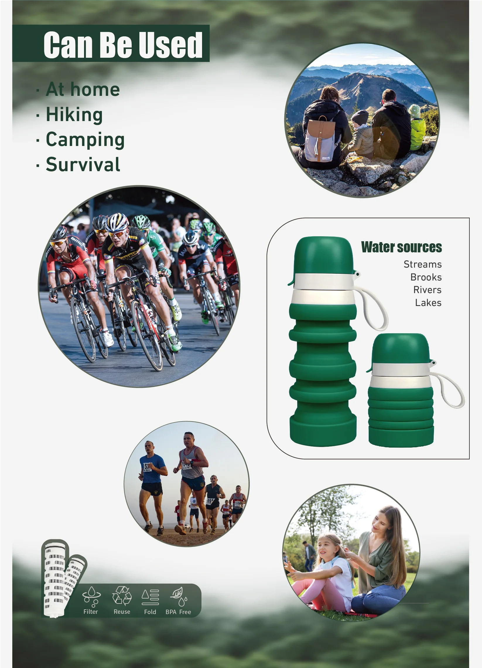 Collapsible Water Bottle 17oz Flip-Top Lid | Ultra-Packable Travel-Friendly Food-Grade Silicone