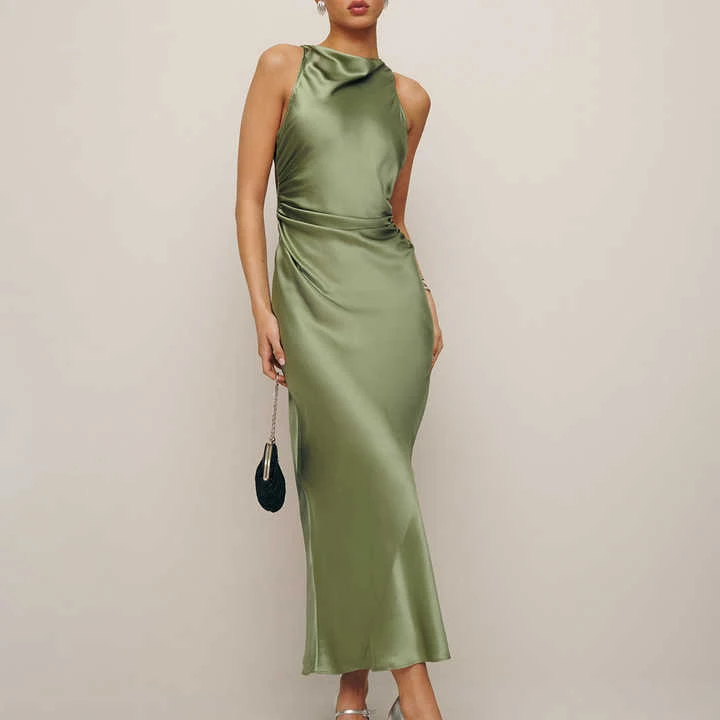 Kaachii 2024 New design OEM Custom Ladies Elegant Sleeveless Green Satin Silk Midi Long Dress For Women