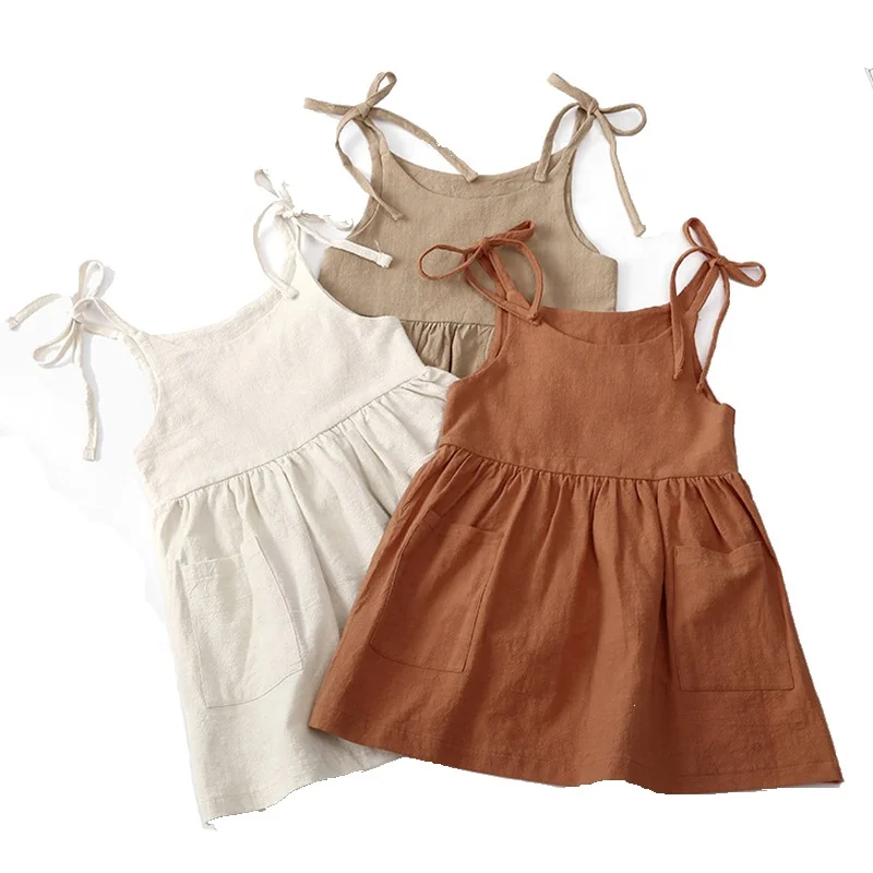 Brown Korean Style Sling Girl Cotton Dress For Baby Girl Summer with Bow