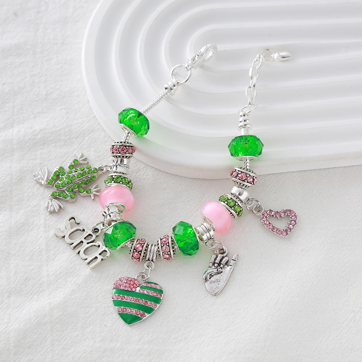 Factory Directly Sale Fancy Designer Sorority Alpha Inspired Charms Pink And Green Beads Making Fashion IVY Sorority Bracelet