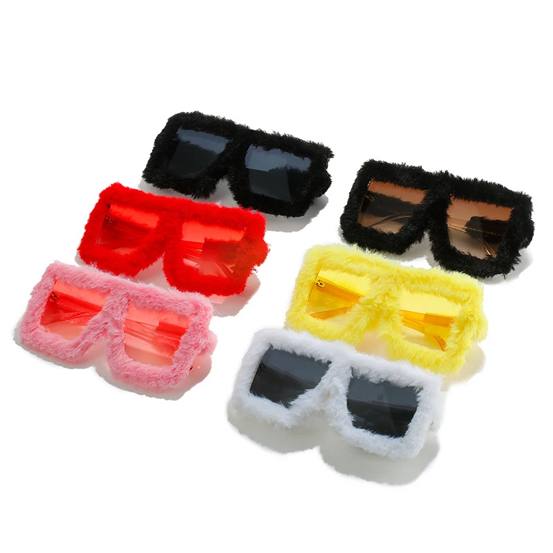 DL Glasses Cute Soft Fur Velvet Sun Glasses Ladies Oversized Square Handmade Plush Sunglasses Punk Party Eyewear 2023