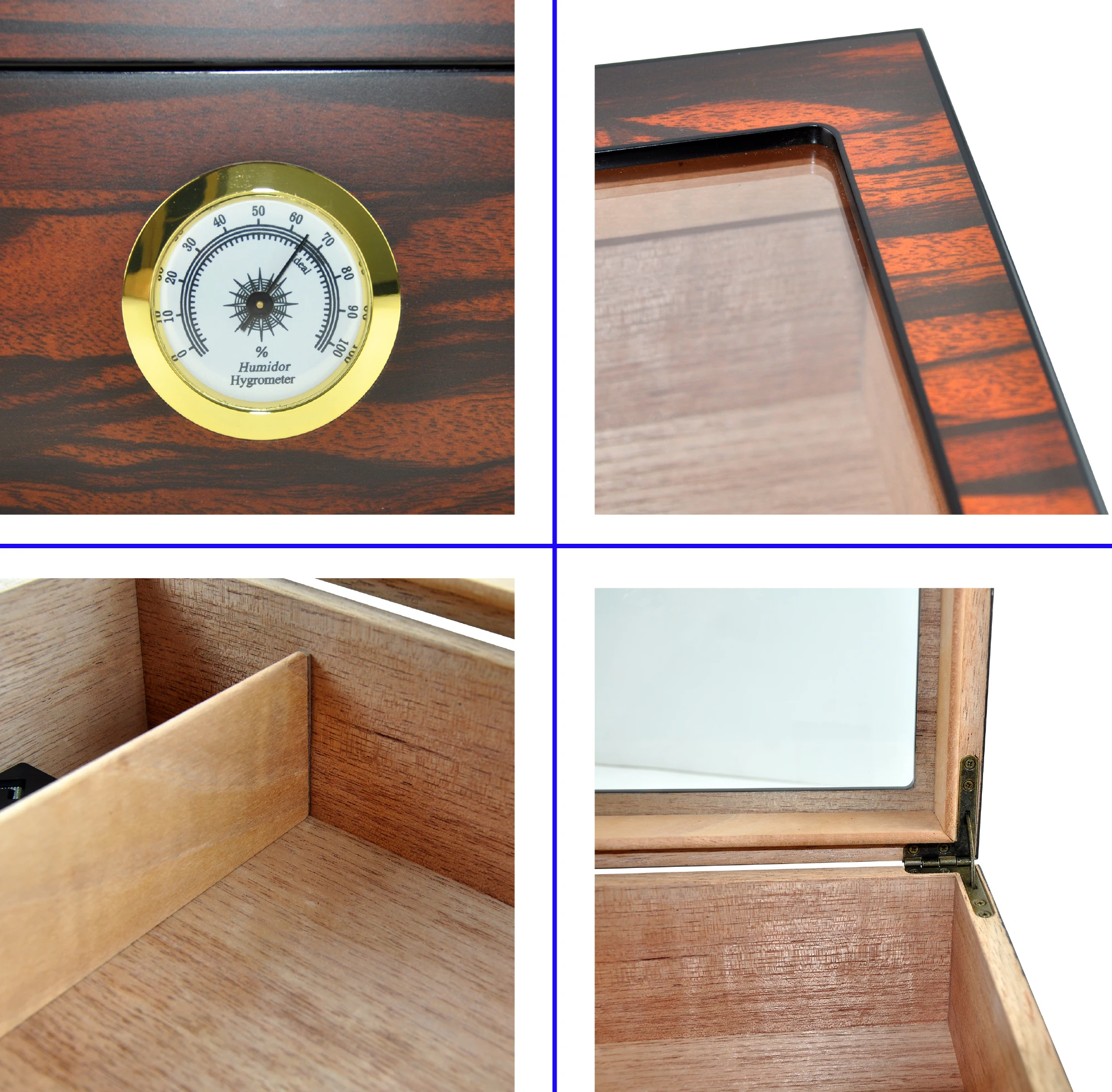 separate humidifier and hygrometer tempered glass top cedar lined wooden cigar humidor