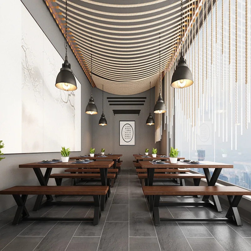 Iron solid wood dining table and chairs rectangular retro commercial light luxury milk tea shop card seat dining table