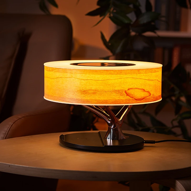 Dropshipping Trending Products 2024 New Arrival Wooden Smart LED Table Lamp with TWS Wireless Speaker Qi Wireless Charger