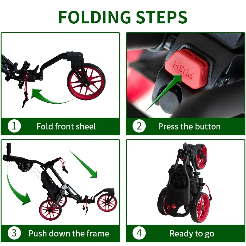 Hot Sales 360 Degree Rotating Front Wheel Aluminum Easy Folding 3 Wheels Golf Trolley Compact Golf Push Trolley for Clubs