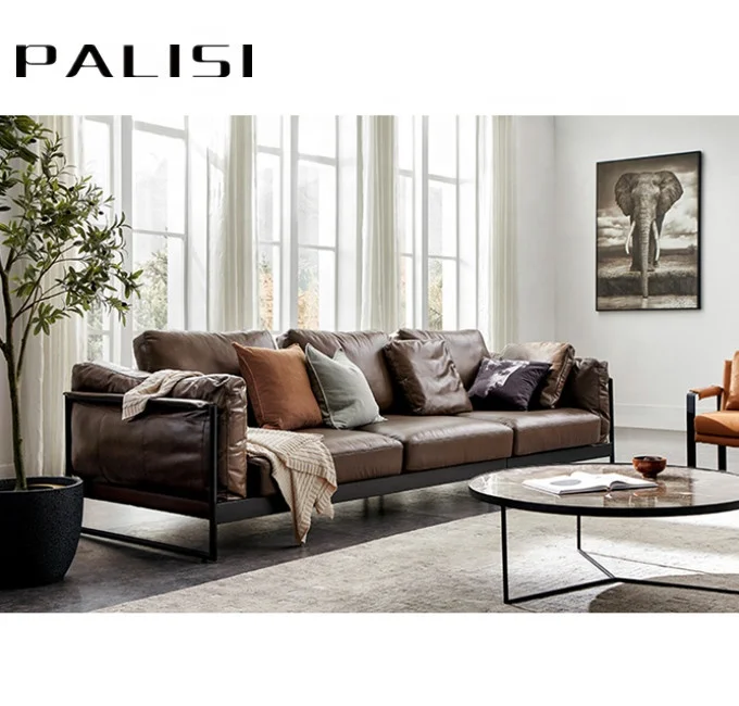 Frosted Steel Frame Leather Sofa 3-seater Italy Minimalist Style Sofa 4 seater Real Pure Leather couch chesterfield set