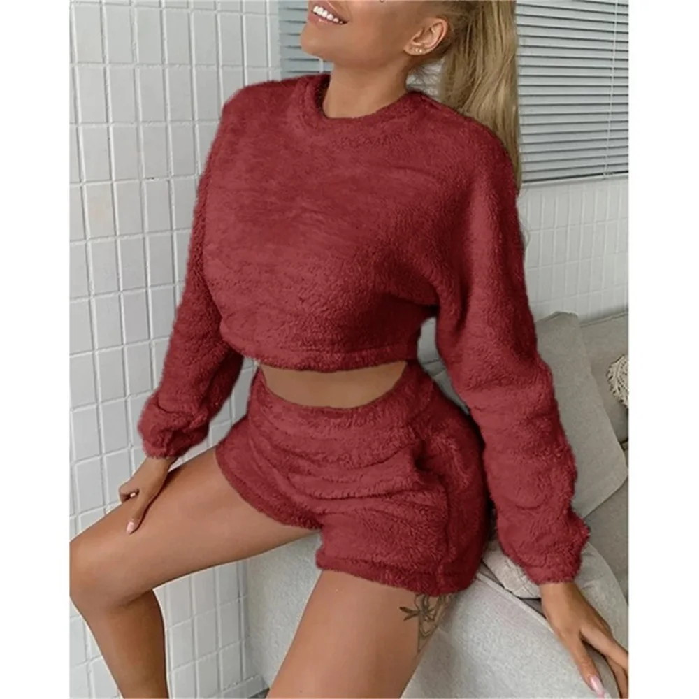 Free shipping Hot selling High waist long sleeve shorts rest home leisure coral velvet suit Pajamas shorts set