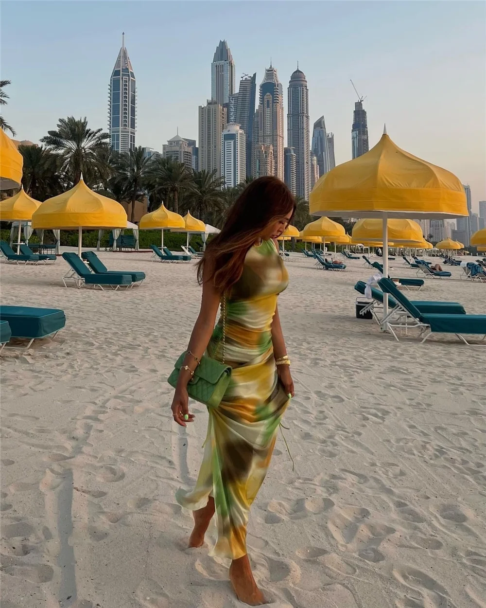 ZHEZHE Summer Latest High Quality Sleeveless Tank Top Tie Dyed Print Ruched Slit Long Maxi Dress Mesh Beach Dresses