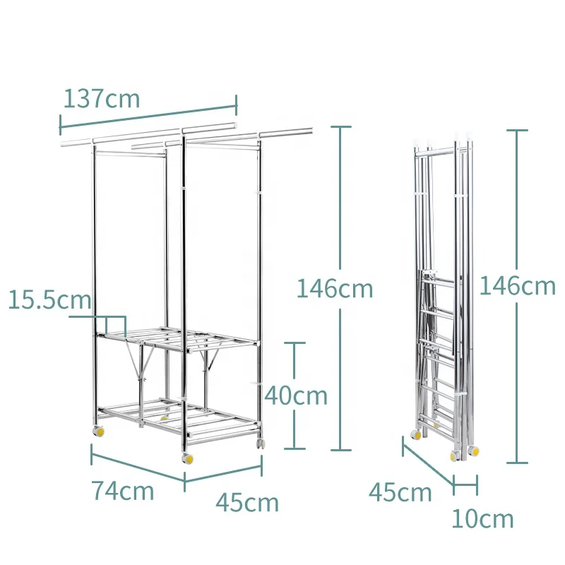 Heavy Duty Rolling Commercial Double Rail Clothing Garment Rack With Wheels Expandable Rods Collapsible Clothes Rack