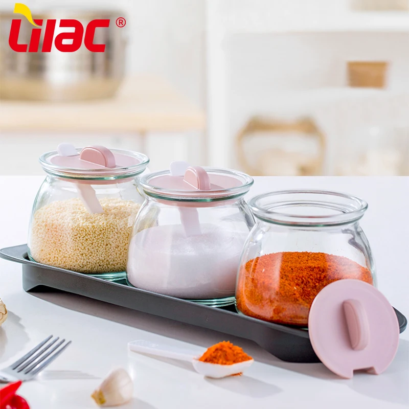 Lilac BSCI SGS LFGB 290 мл набор кухонных банок для хранения чая кофе сахара соли специй розовая стеклянная банка с ложкой
