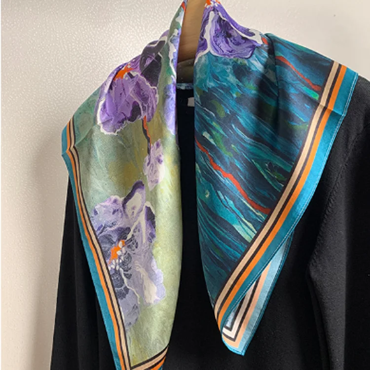 F-2699 fashion oil painting style custom scarf square 65x65cm elegant kerchief for women lady office decor womans silk scarf