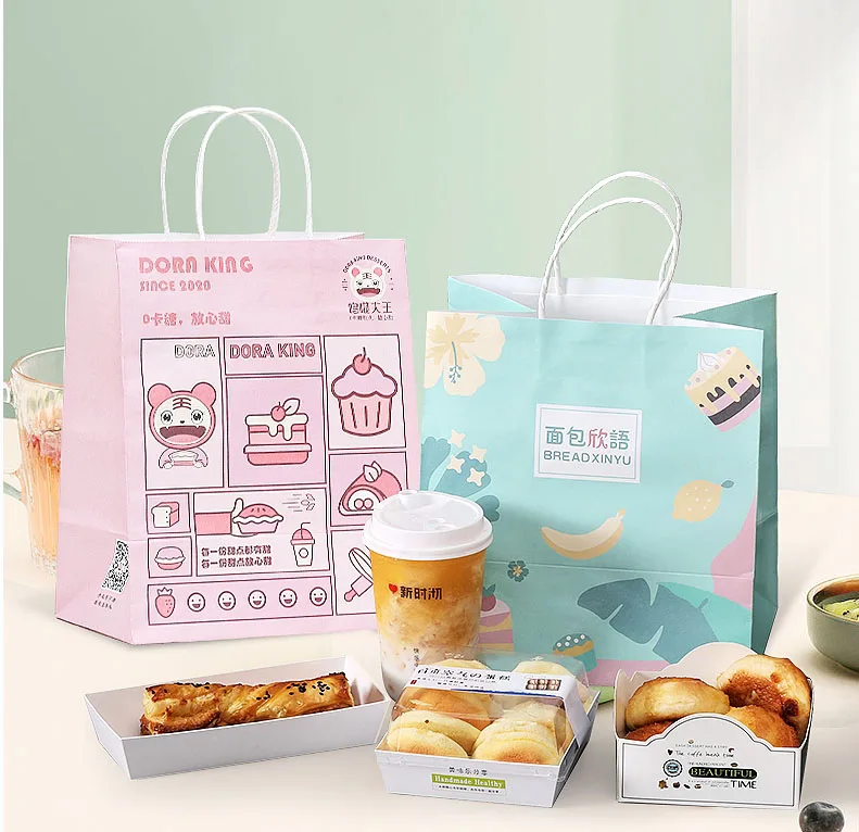 Recycled Restaurant bakery Food Takeaway white brown kraft paper bag food shopping bag custom gift bags with twisted handles