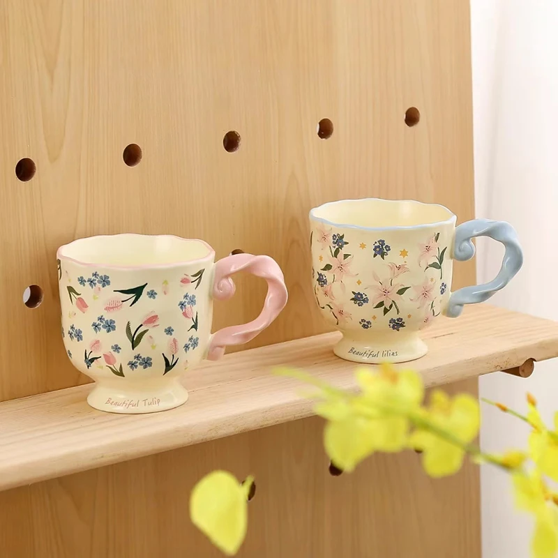 Solhui Wholesale ins creative flower ceramic coffee cup girl heart twist handle home office drinking water cup
