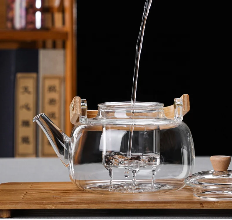 Wholesale Bamboo wood handle Borosilicate Glass Teapot  tea kettle pot boiling teapot heat-resistant